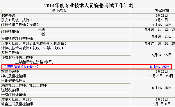 2014年吉林二級(jí)建造師考試時(shí)間為：5月24、25日