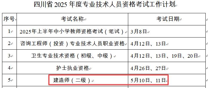 2025年四川二級建造師考試時間5月10日、11日